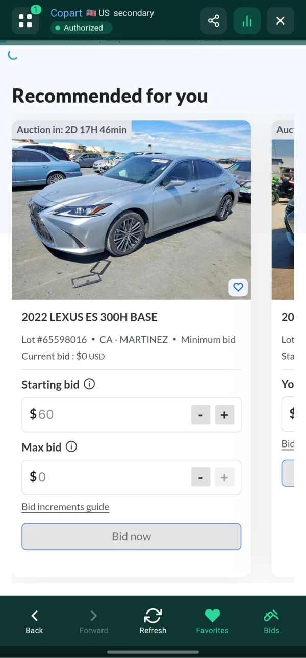 Placing a max bid on Copart in our app