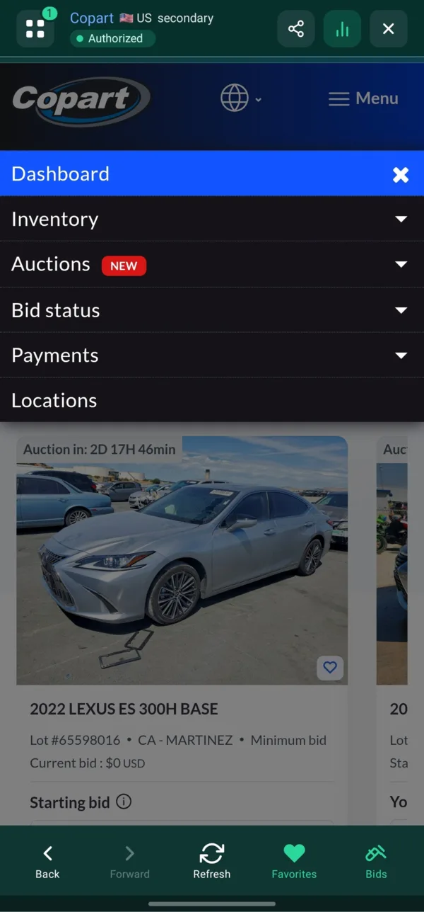 Copart menu in our app